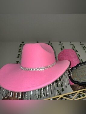 Women's Pink Wide-Brim Felt Cowgirl Hat with Rhinestone Band and Jewels